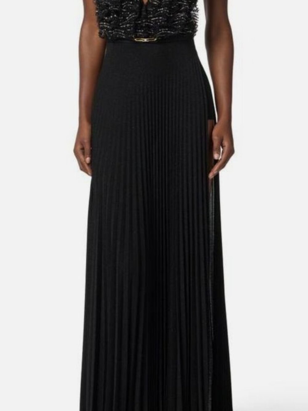 Elisabetta Franchi Black Pleated Deep V Neck Fit & Flare Gown Maxi Dress Size 38